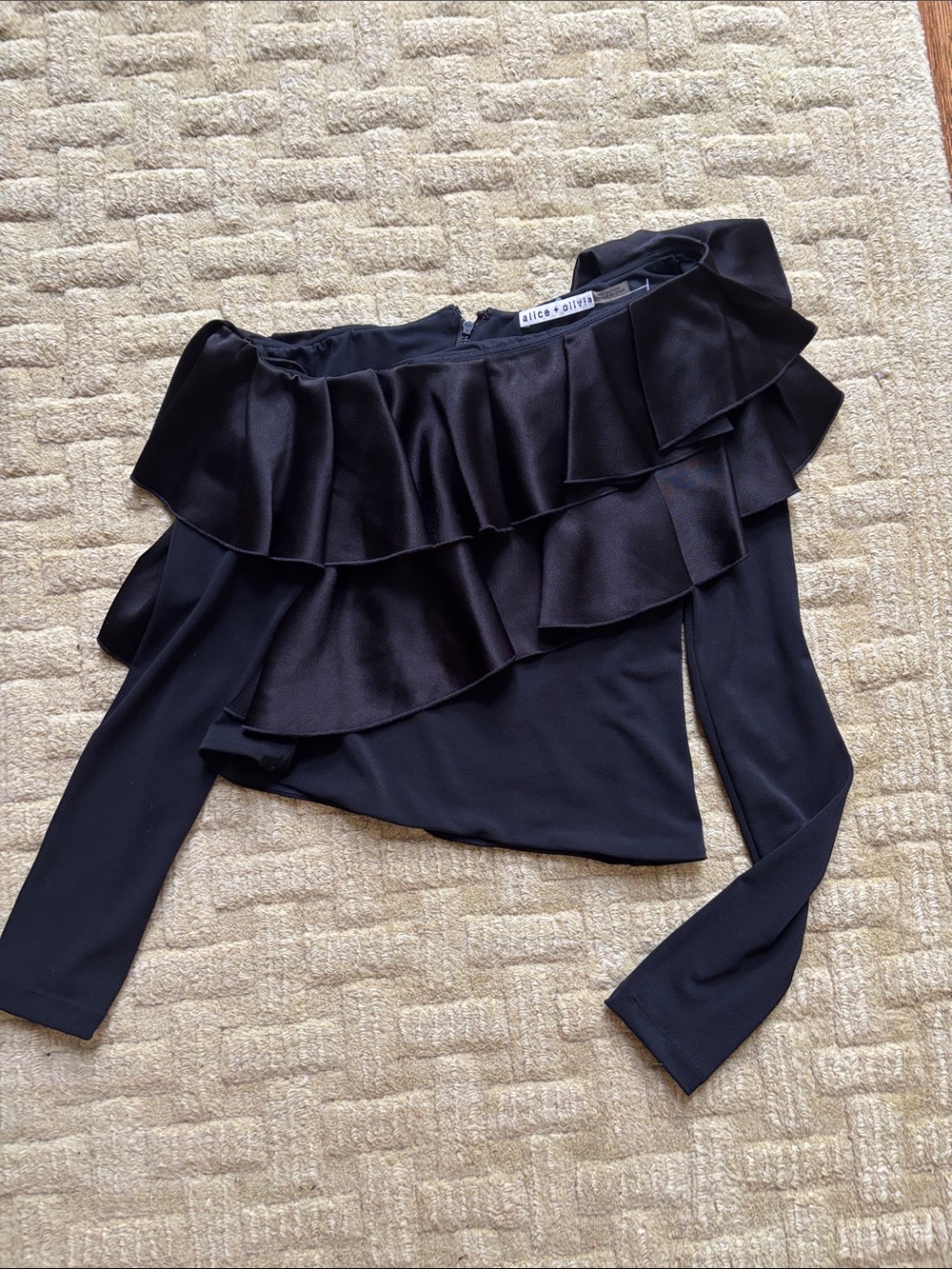 Alice + Olivia Black Asymmetrical One-Shoulder Ruffle Blouse